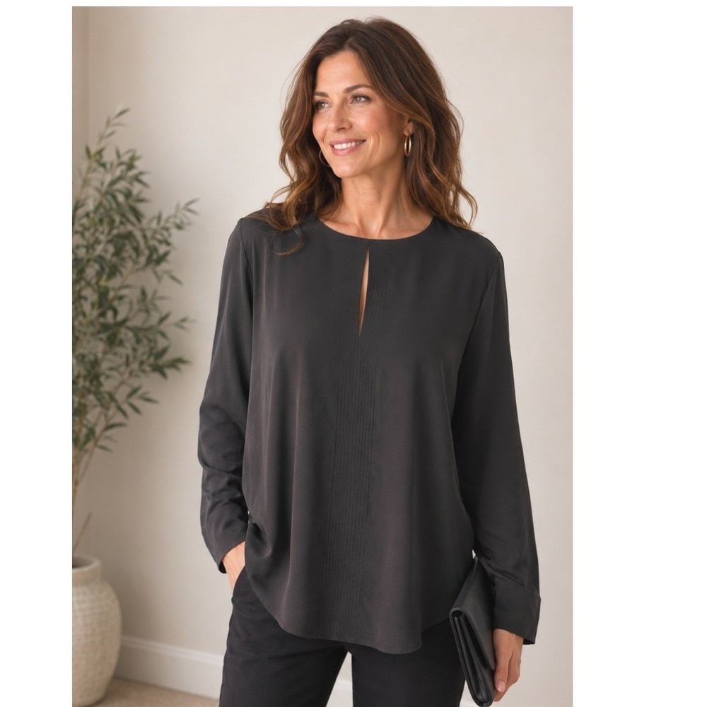 Lauren Ralph Lauren Brown Pintuck Keyhole Blouse Plus Size 2X Long Sleeve Top